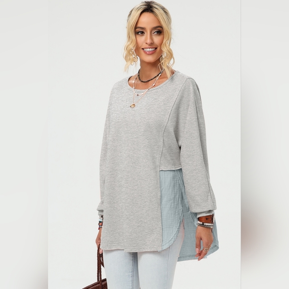 Hearher Gray Round Neck Curved Hem Dolman Sleeve Top Various Sizes - Picture 3 of 4